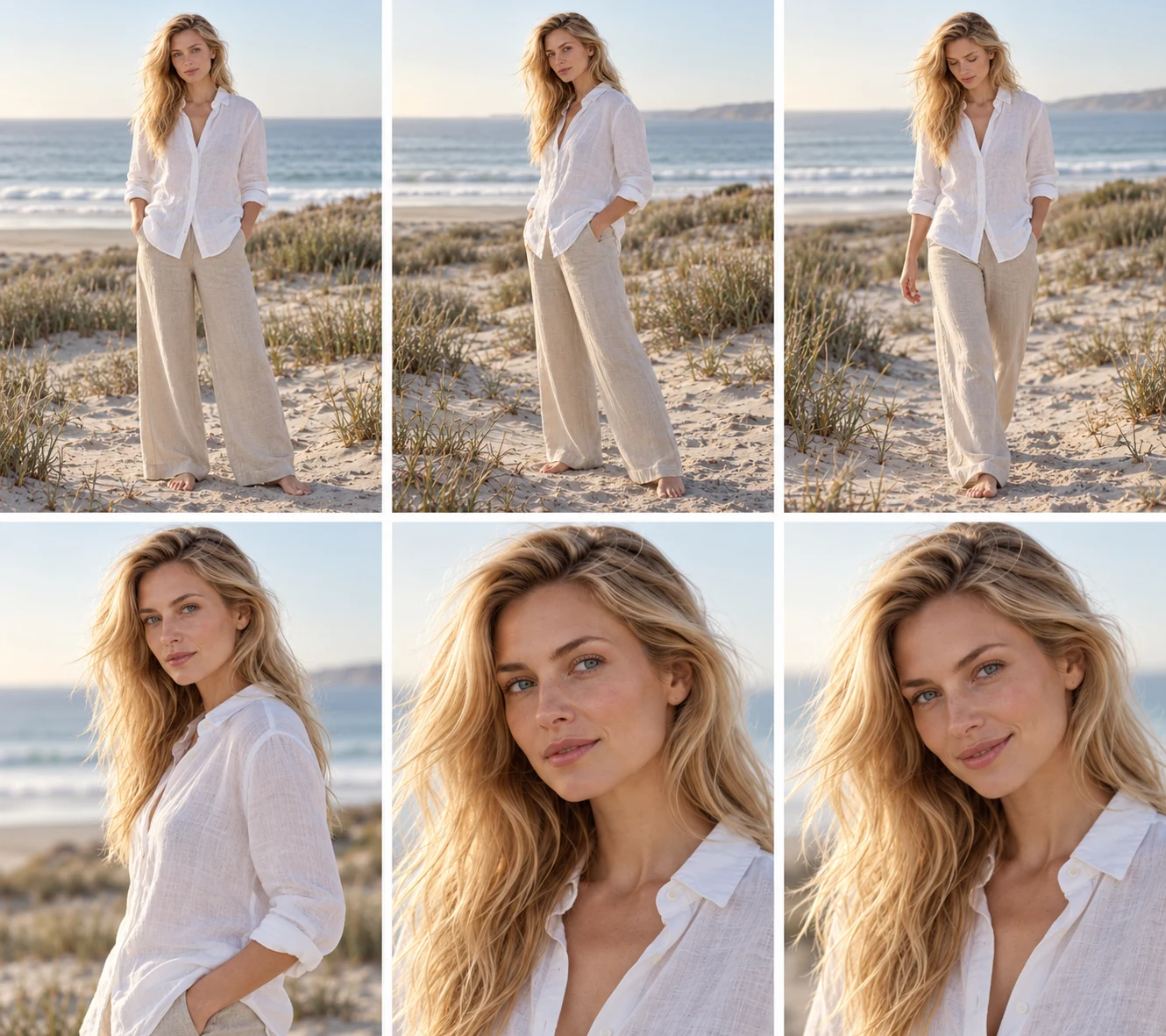 Six AI-generated concept portraits of Lena in white and sand linen by the coast, with standing and close-up frames