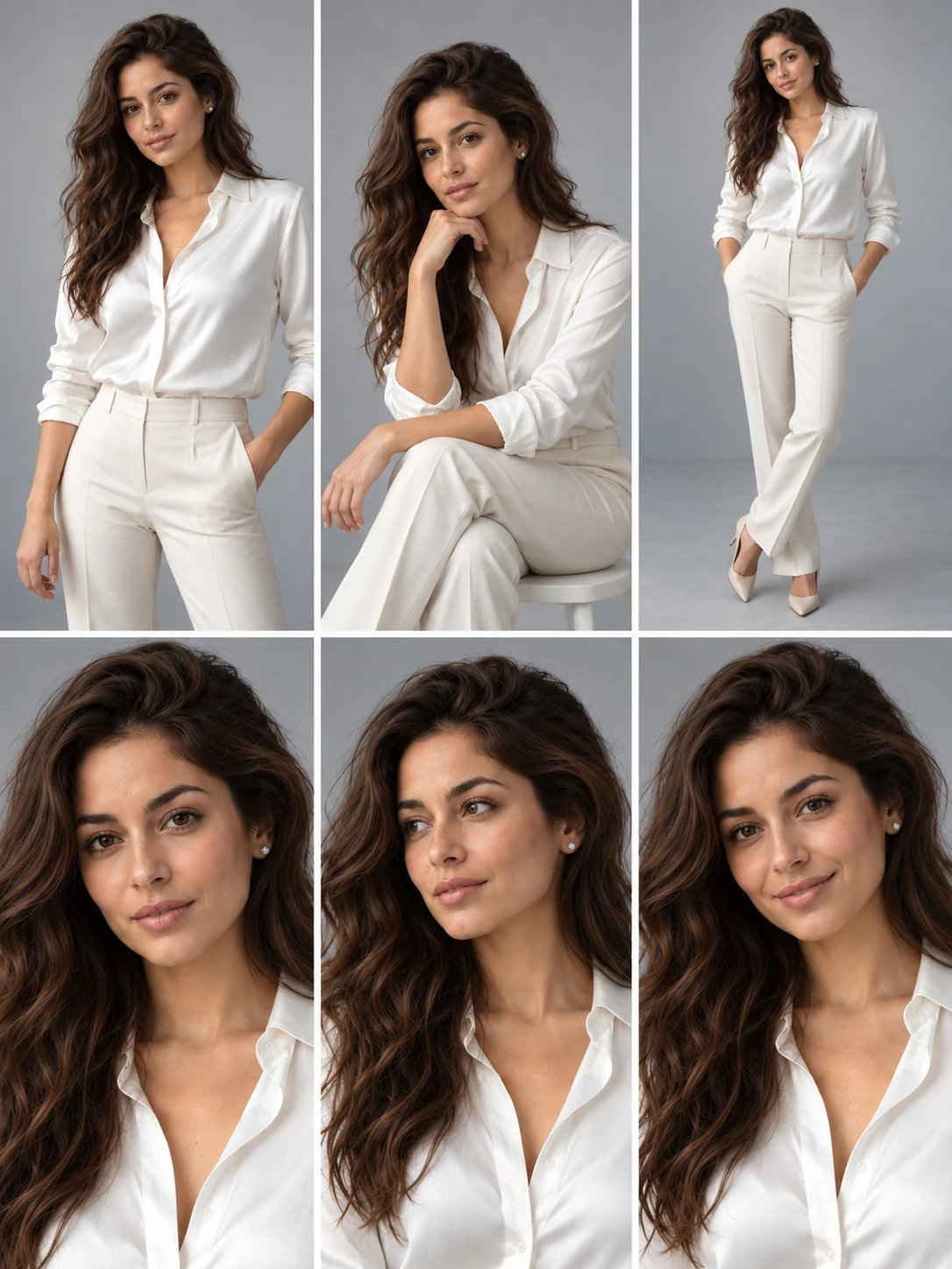 Six AI-generated concept portraits of Aria in a white blouse and ivory trousers, with varied studio poses and framing